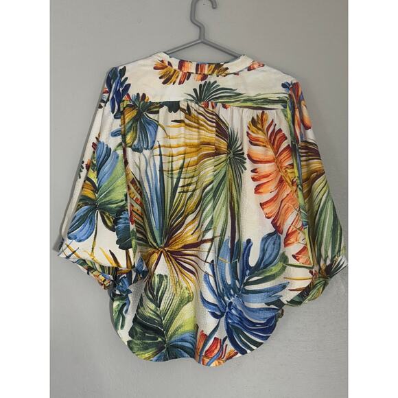 Chicos Palm Print Top Womens 1 Medium Resort Vacation Tropical Relaxed Billowy - Picture 5 of 11
